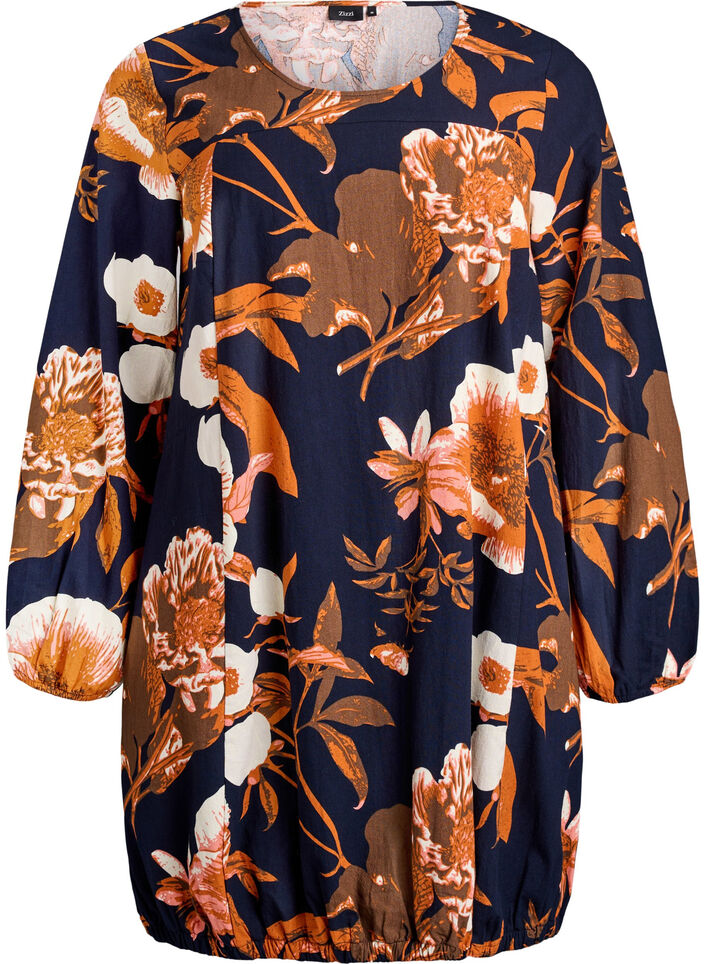 Kort bomuldskjole med elastikkant og lange ærmer, Sort, Packshot image number 0