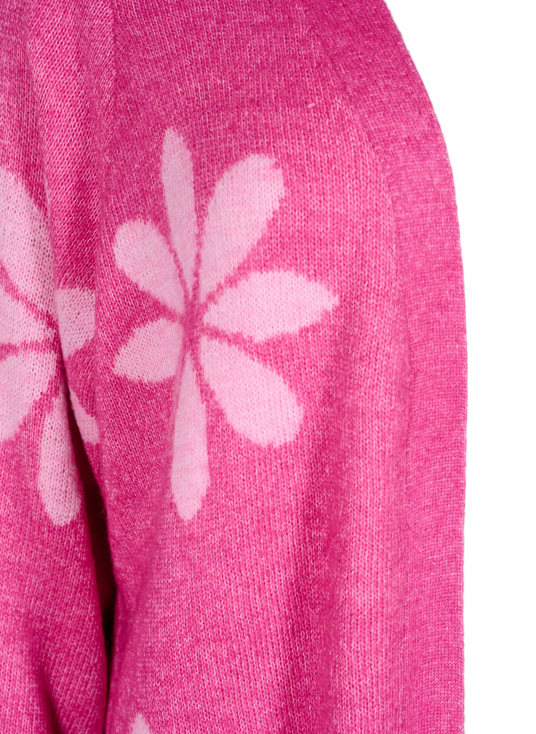 Zizzi Lang strik cardigan med blomster, Raspberry Rose Comb, Packshot image number 2