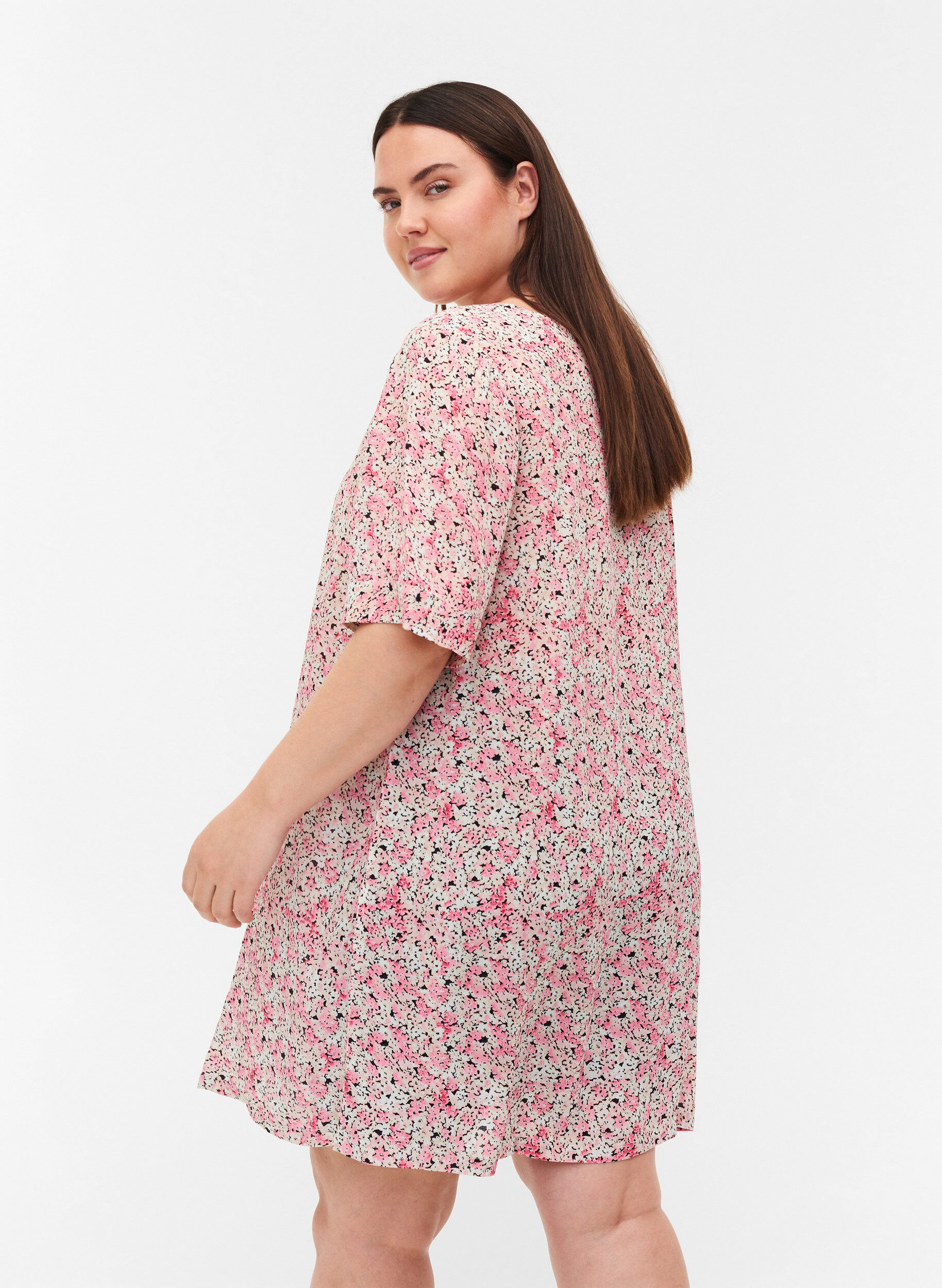 Zizzi Viskose tunika med print og korte &aelig;rmer, Pink Ditsy AOP, Model image number 1