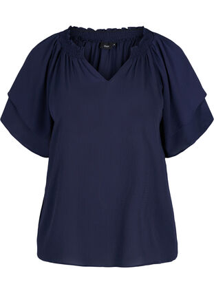 Bluse med korte ærmer og v-hals, Navy Blazer, Packshot image number 0