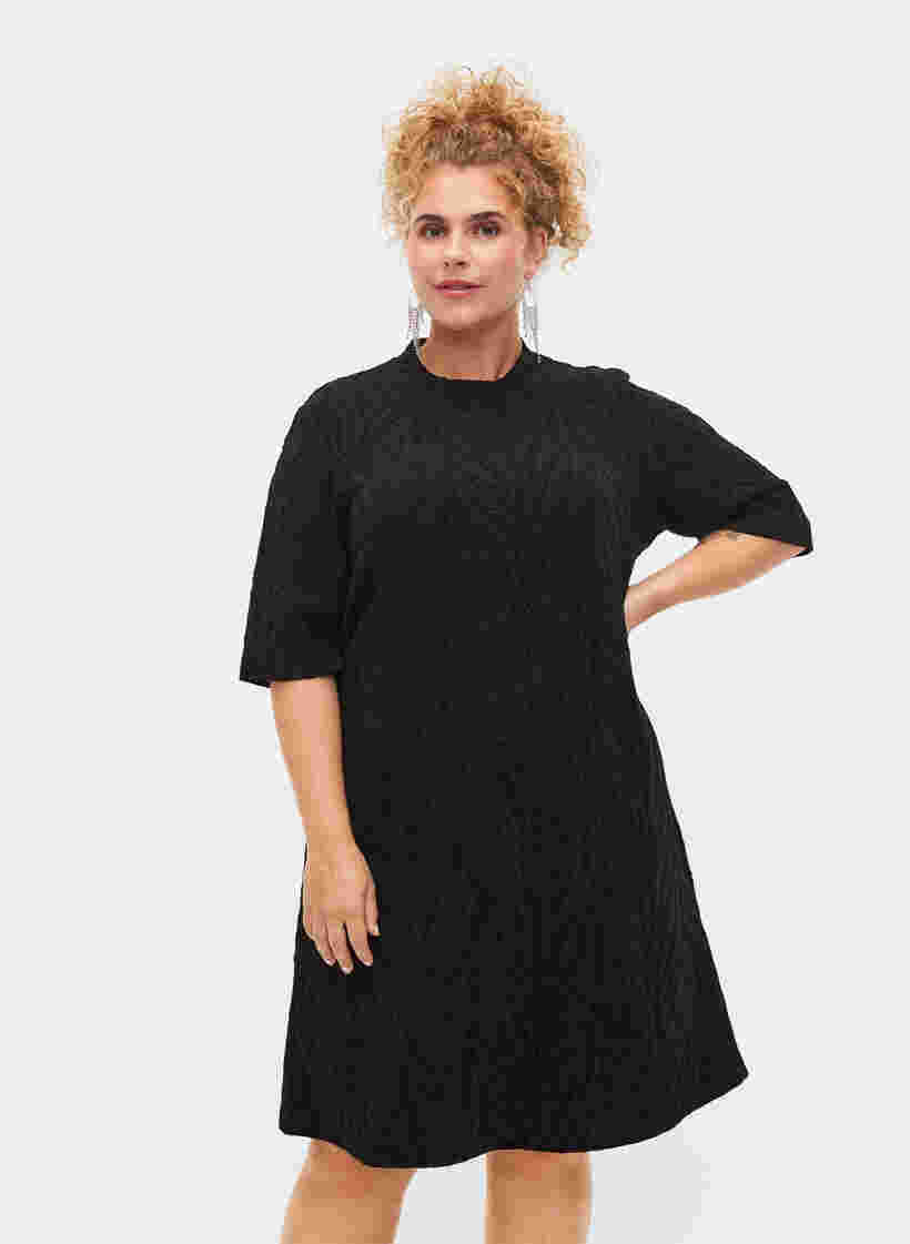 Mønstret kjole med glitter og korte ærmer, Black/Black Lurex, Model image number 0