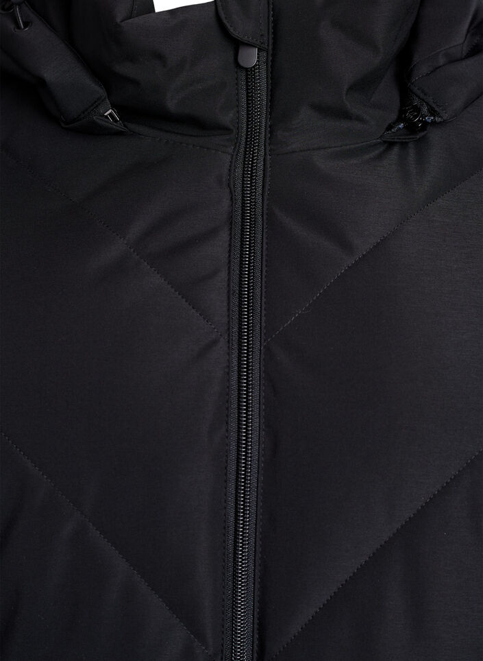 Lang vinterjakke med hætte og imiteret pelskrave, Sort, Packshot image number 2