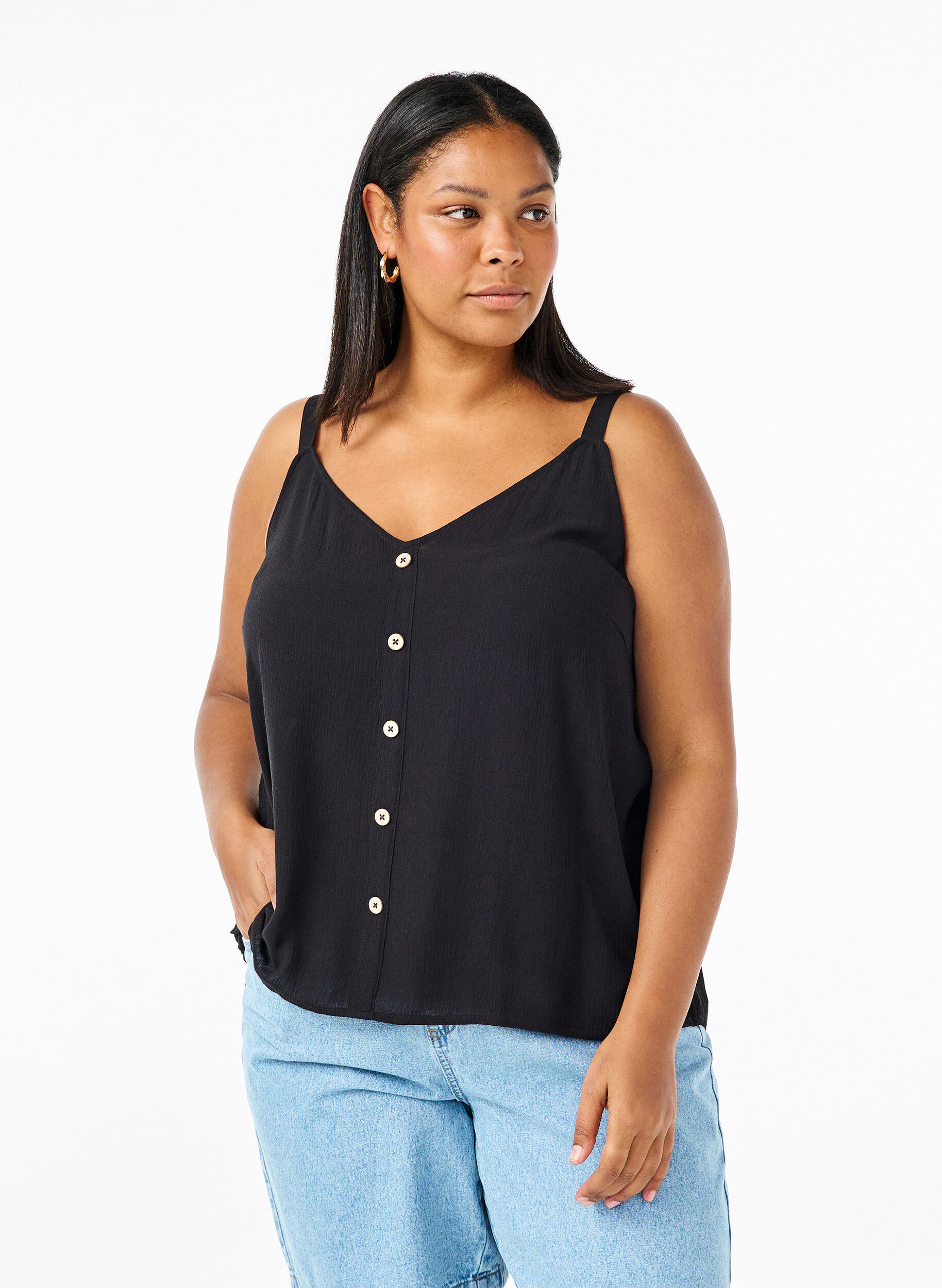 Zizzi Viskose top med smalle stropper, Black, Model image number 0
