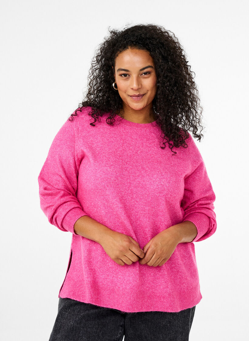 Strikbluse med uld og slidser, Raspberry Rose Mel., Model image number 0