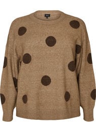 Strikbluse med prikket m&oslash;nster, Brun