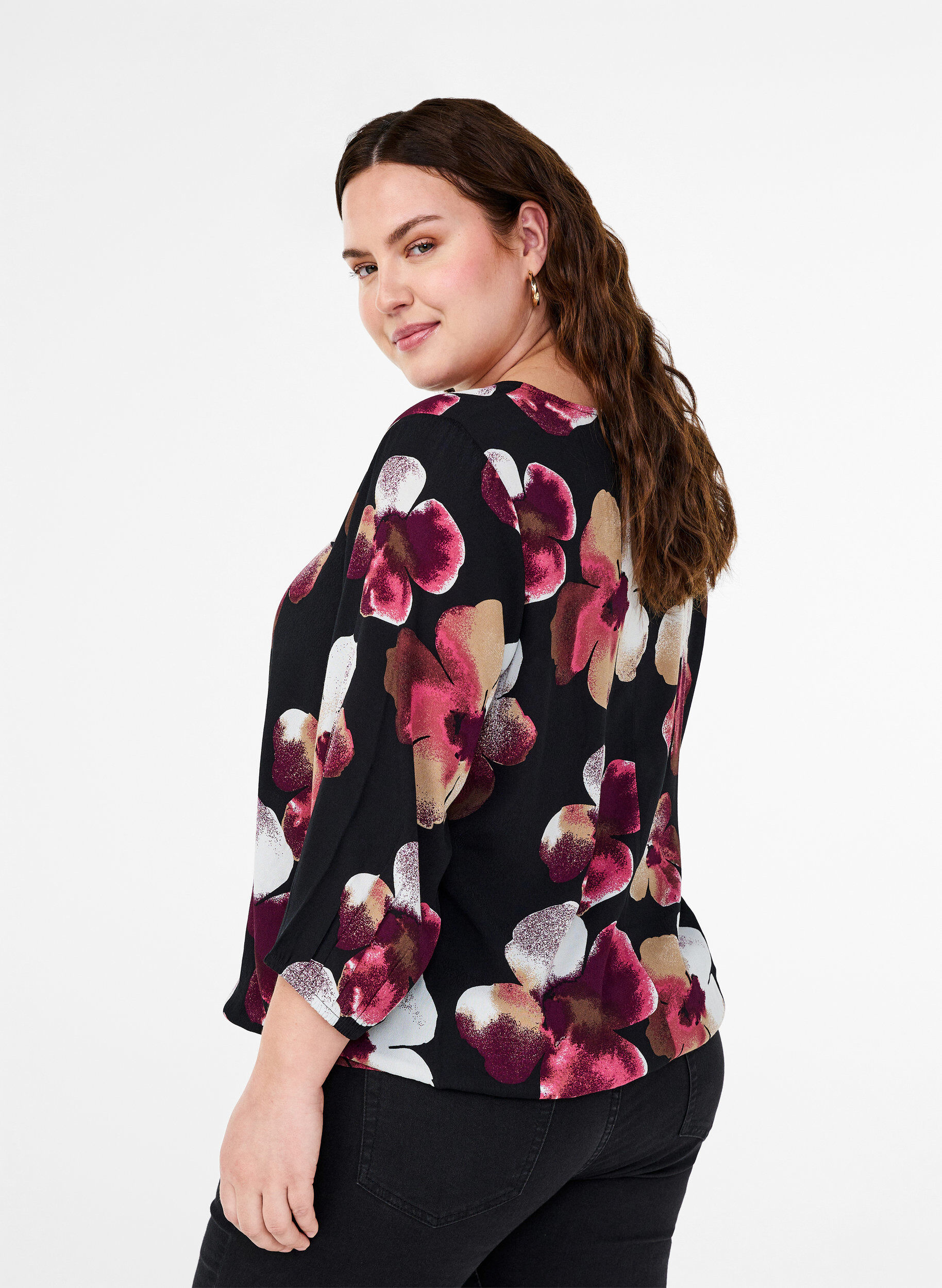 Zizzi Viskosebluse med print og smock, Sort, Model image number 2