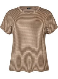 Stribet T-shirt i viskose med rund hals, Beige