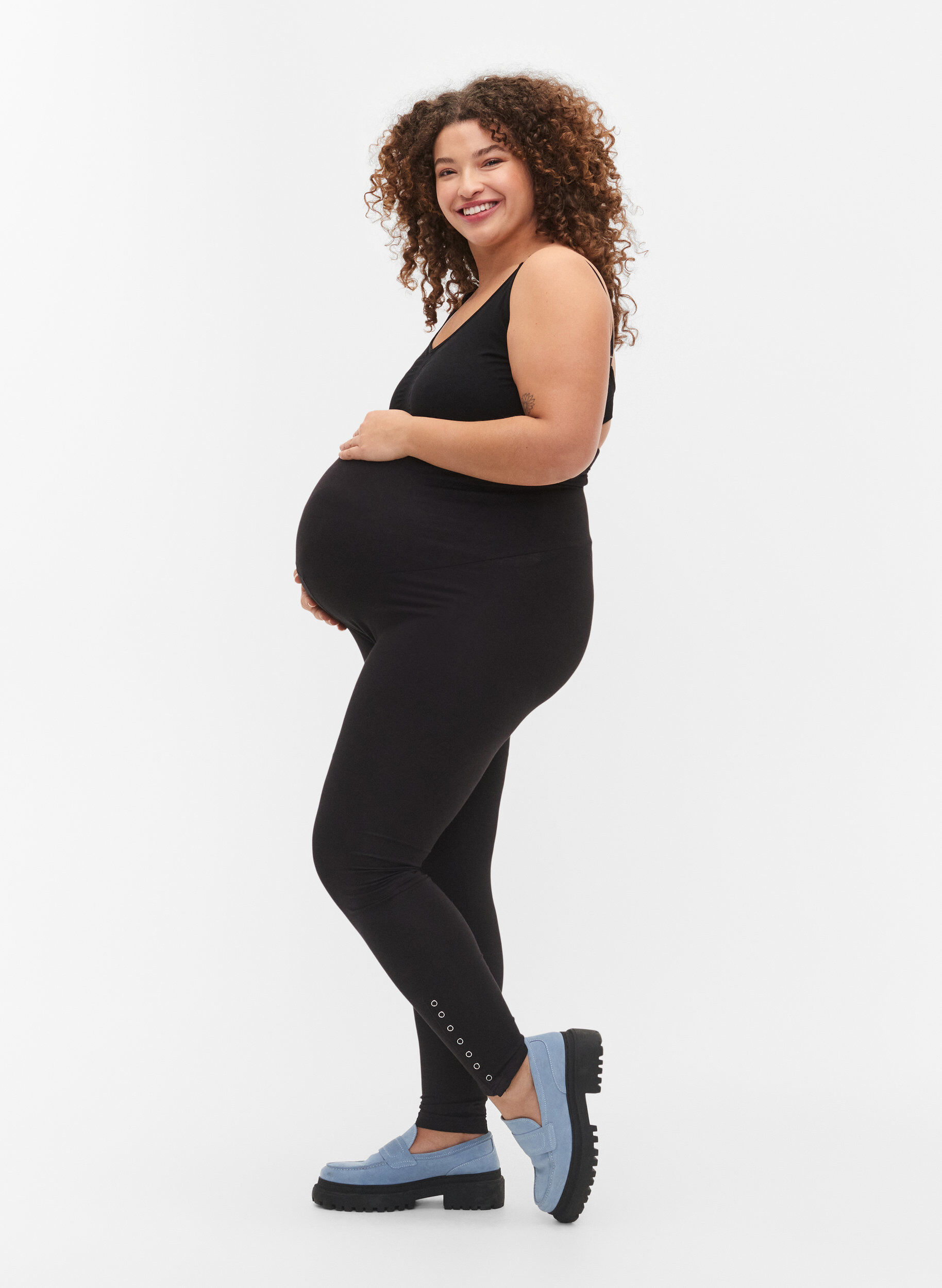 Zizzi Graviditets leggings i viskose med knapper, Black, Model image number 0