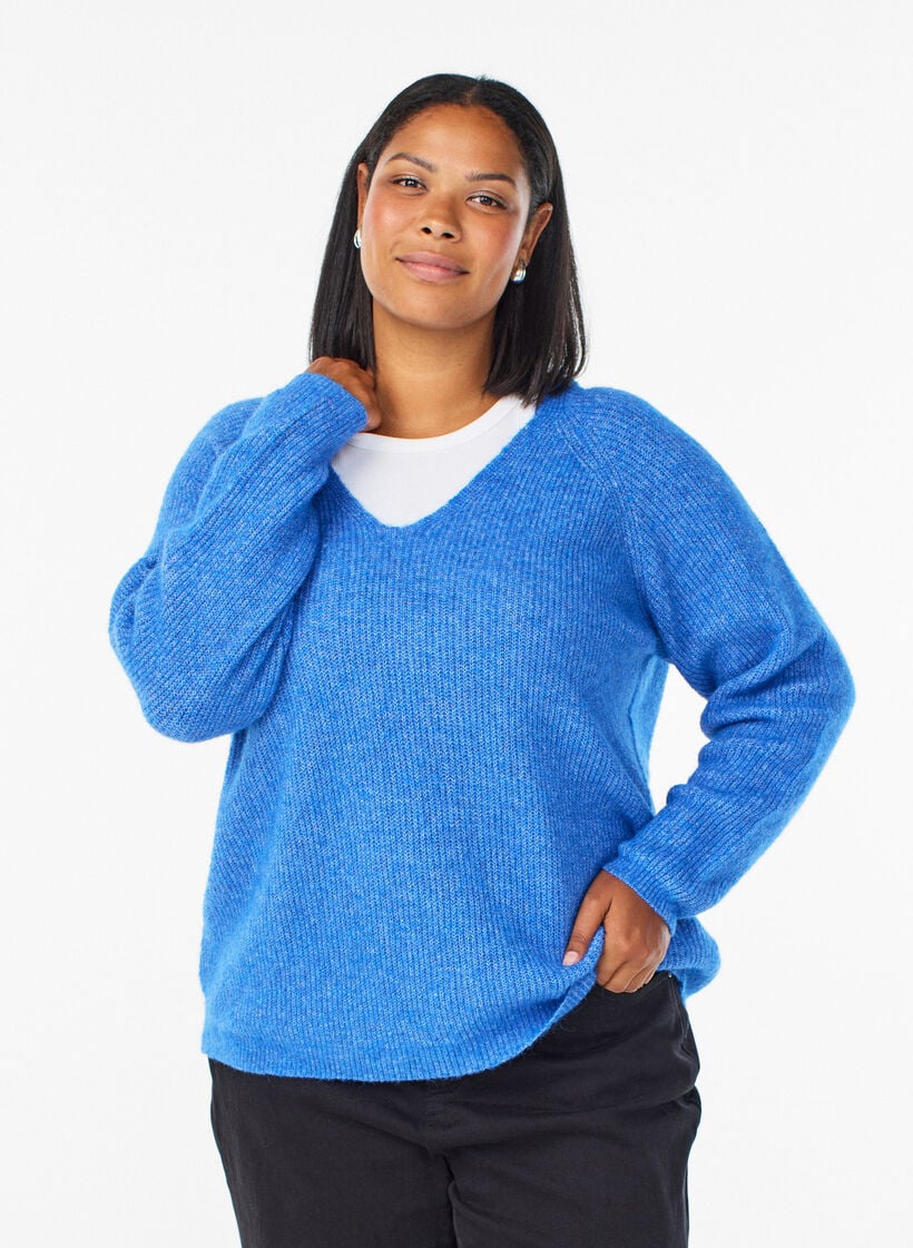 Strikbluse med V-hals og raglan&aelig;rmer, Bl&aring;, Model image number 0