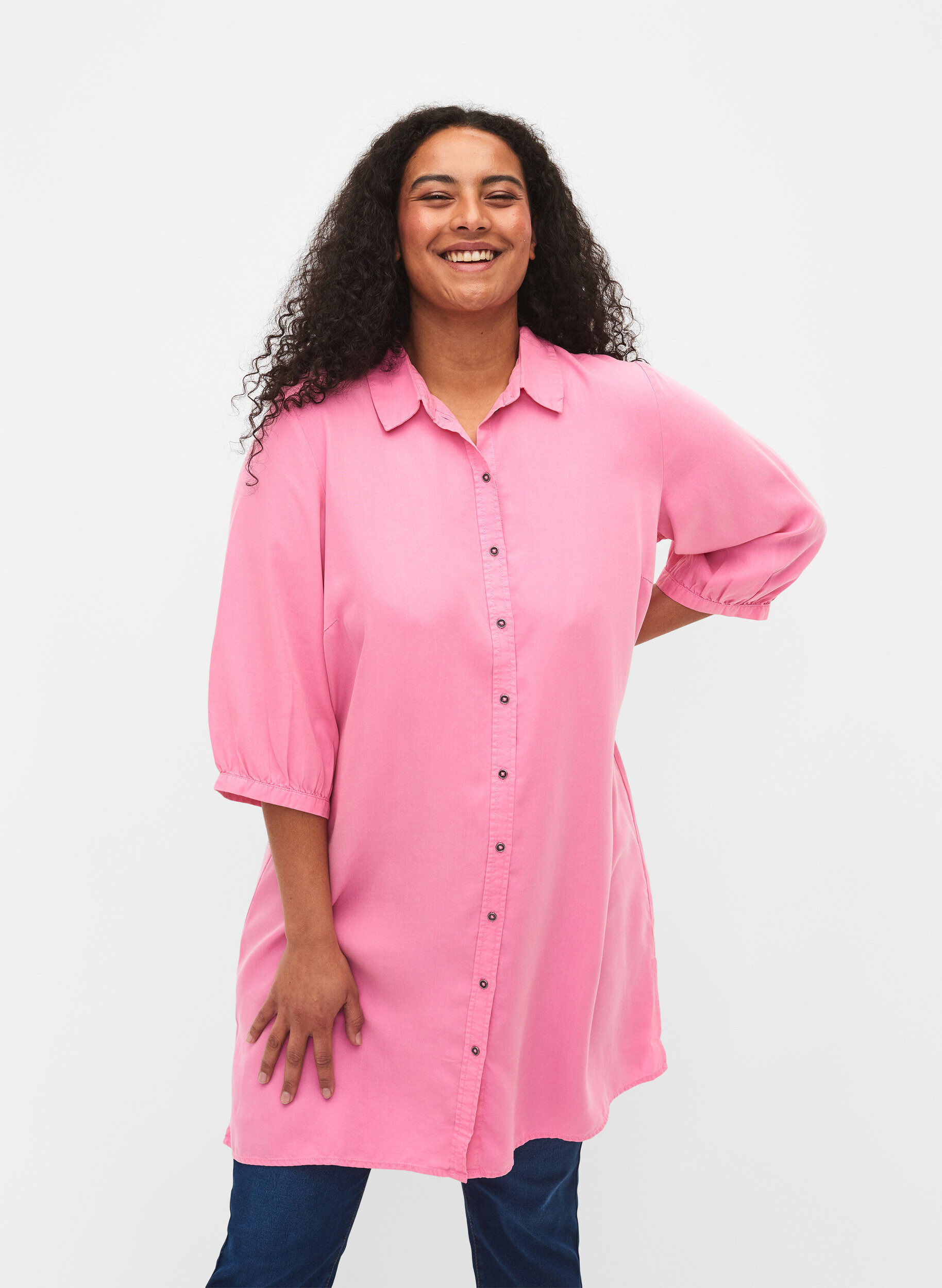 Zizzi Lang skjorte med 3/4 &aelig;rmer i lyocell (TENCEL&trade;), Rosebloom, Model image number 0