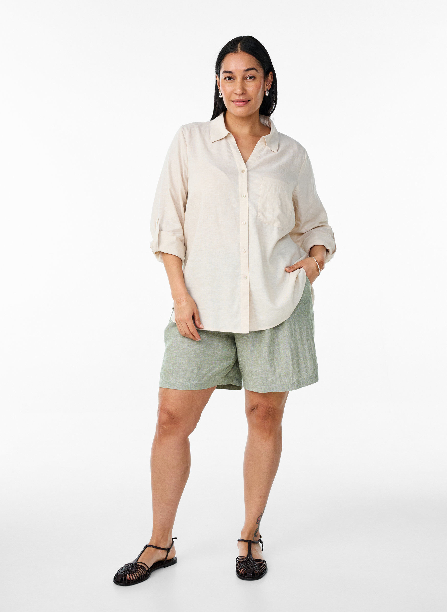 ZizziSkjorte i h&oslash;r og viskose med 3/4-&aelig;rmer, Beige, Model image number 1