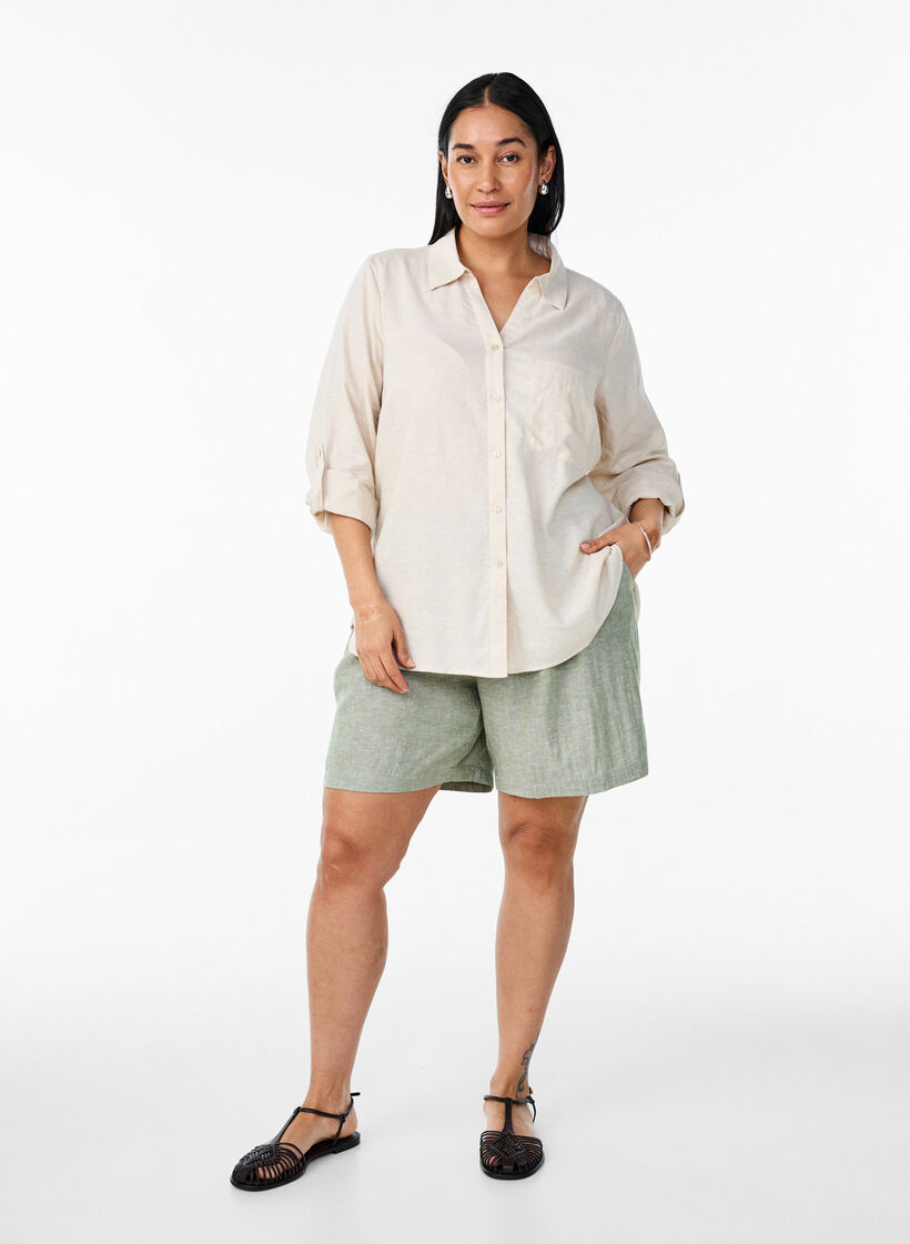 Skjorte i h&oslash;r og viskose med 3/4-&aelig;rmer, Beige, Model image number 1