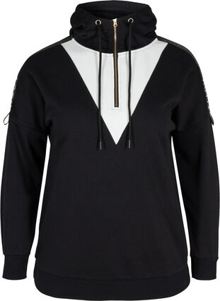Sweatshirt med hætte og lynlås, Black White, Packshot image number 0
