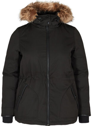 Kort vinterjakke med hætte og imiteret pelskant, Black, Packshot image number 0