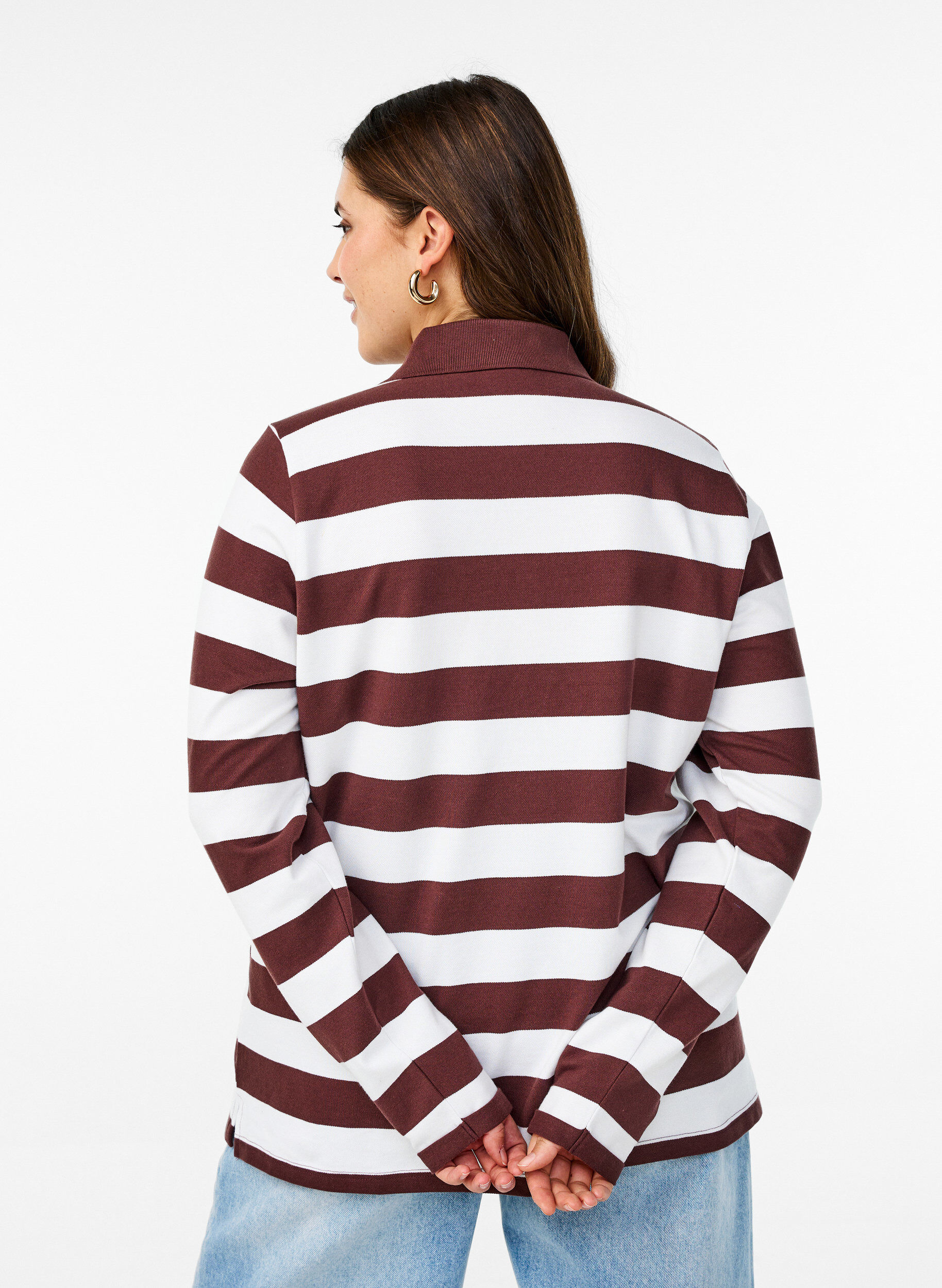 Zizzi Stribet poloshirt med lange &aelig;rmer, M&oslash;rk Bordeaux, Model image number 2