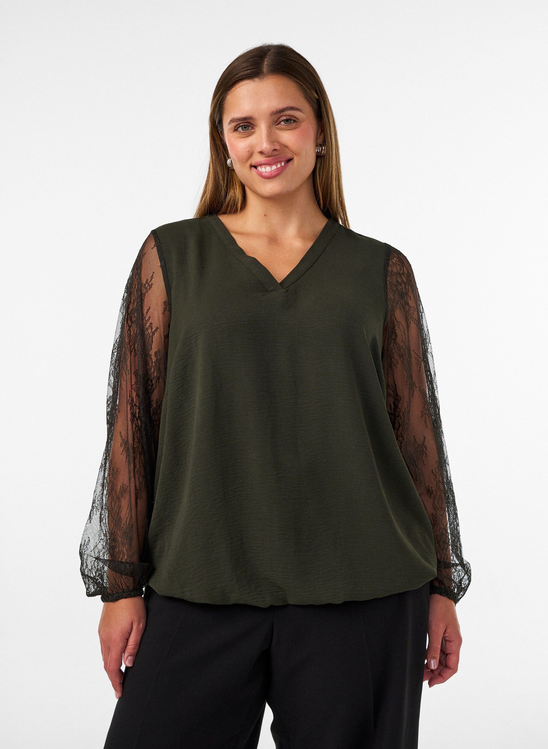 Bluse med blonde&aelig;rmer og ballonform, Gr&oslash;n, Model