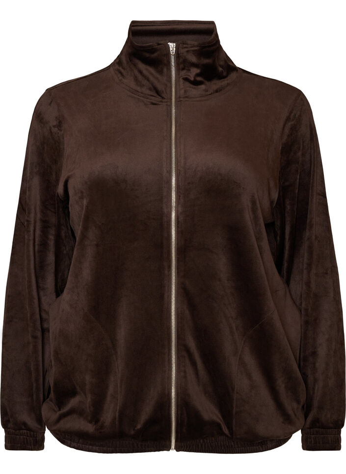 Cardigan i bl&oslash;d velour med lynl&aring;s og h&oslash;j krave, Brun, Packshot image number 0