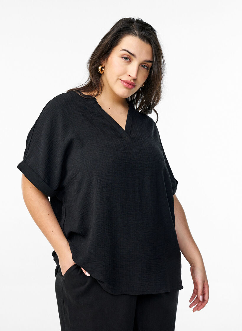 L&oslash;s bluse med korte &aelig;rmer, Sort, Model image number 0