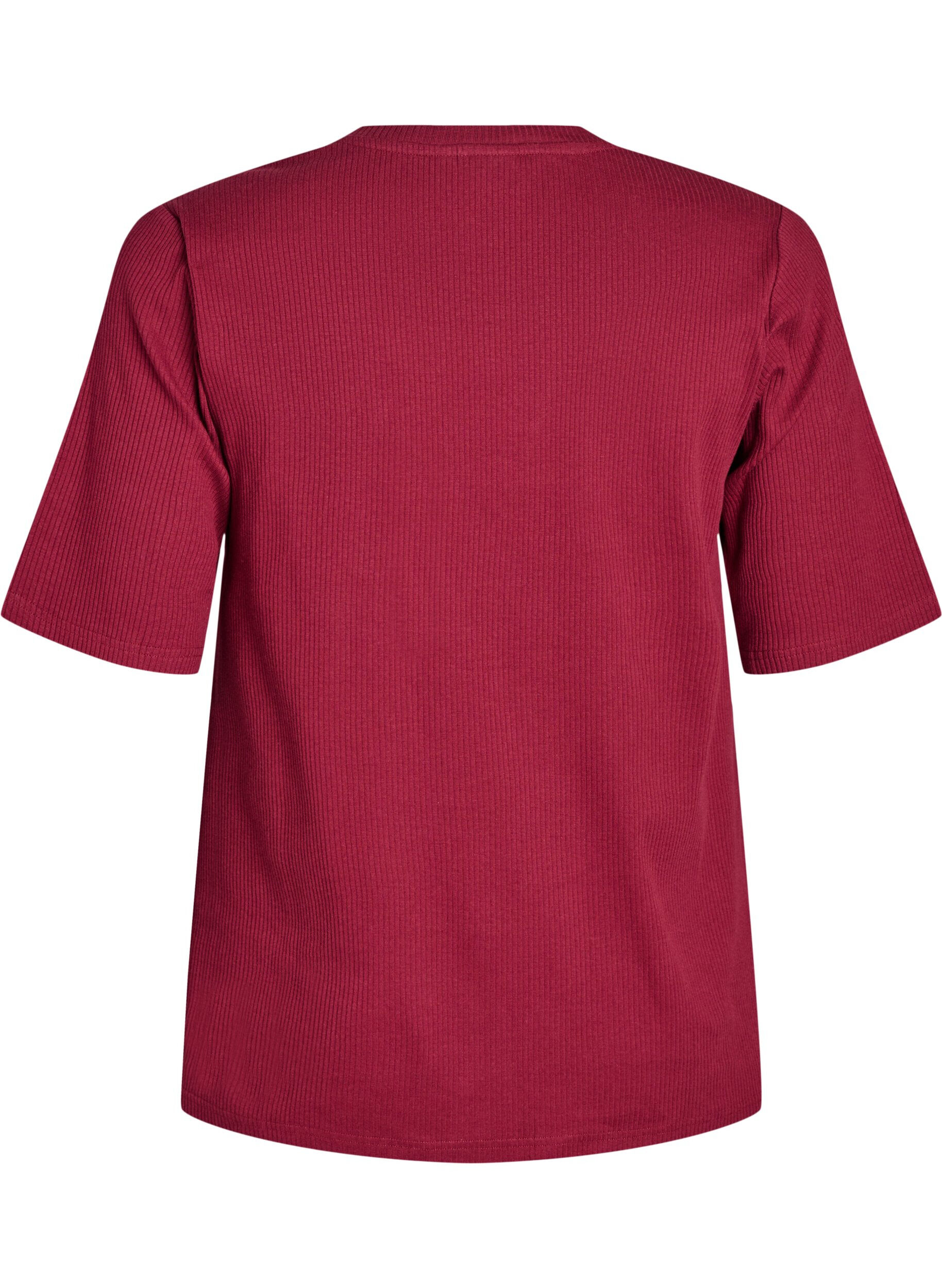 ZizziRibbet jerseybluse med korte &aelig;rmer, M&oslash;rk Bordeaux, Packshot image number 1
