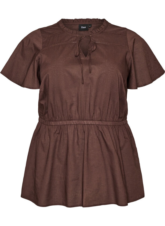 Bluse i bomuld med bindeb&aring;nd og elastisk talje, Brun, Packshot image number 0