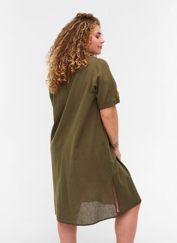 Kortærmet kjole i bomuldsmix med hør, Ivy Green, Model image number 1