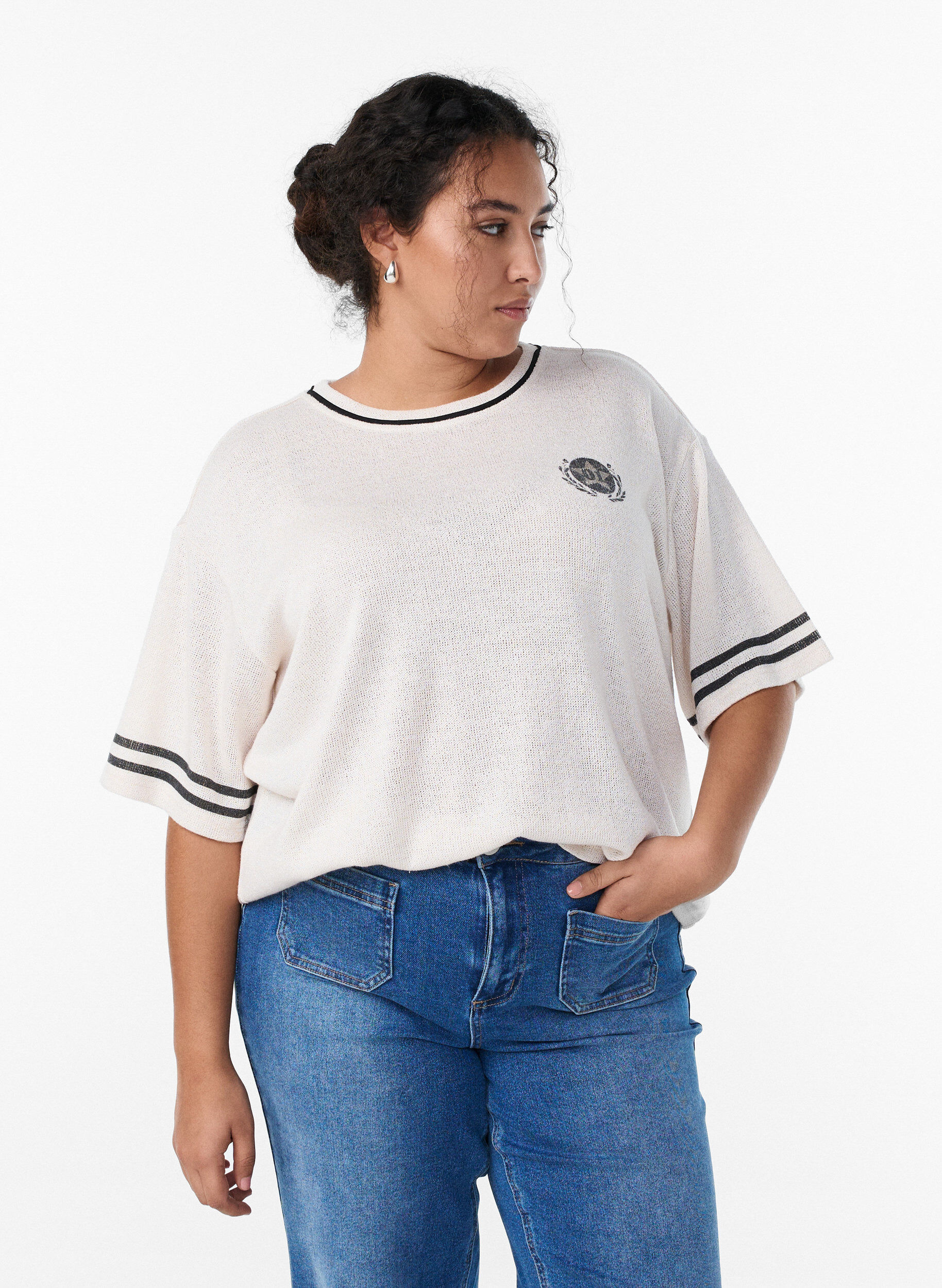 Kort&aelig;rmet bluse med kontraststriber, Beige, Model