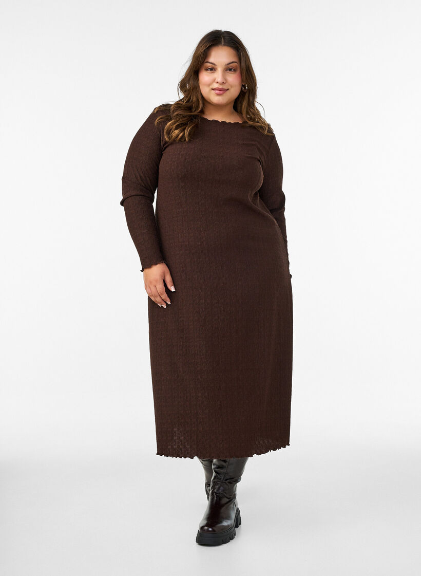 Midikjole med b&oslash;lget struktur og lange &aelig;rmer, Brun, Model image number 0