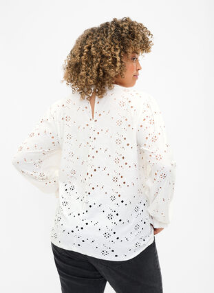 Langærmet bluse med hulmønster, Bright White, Model image number 1