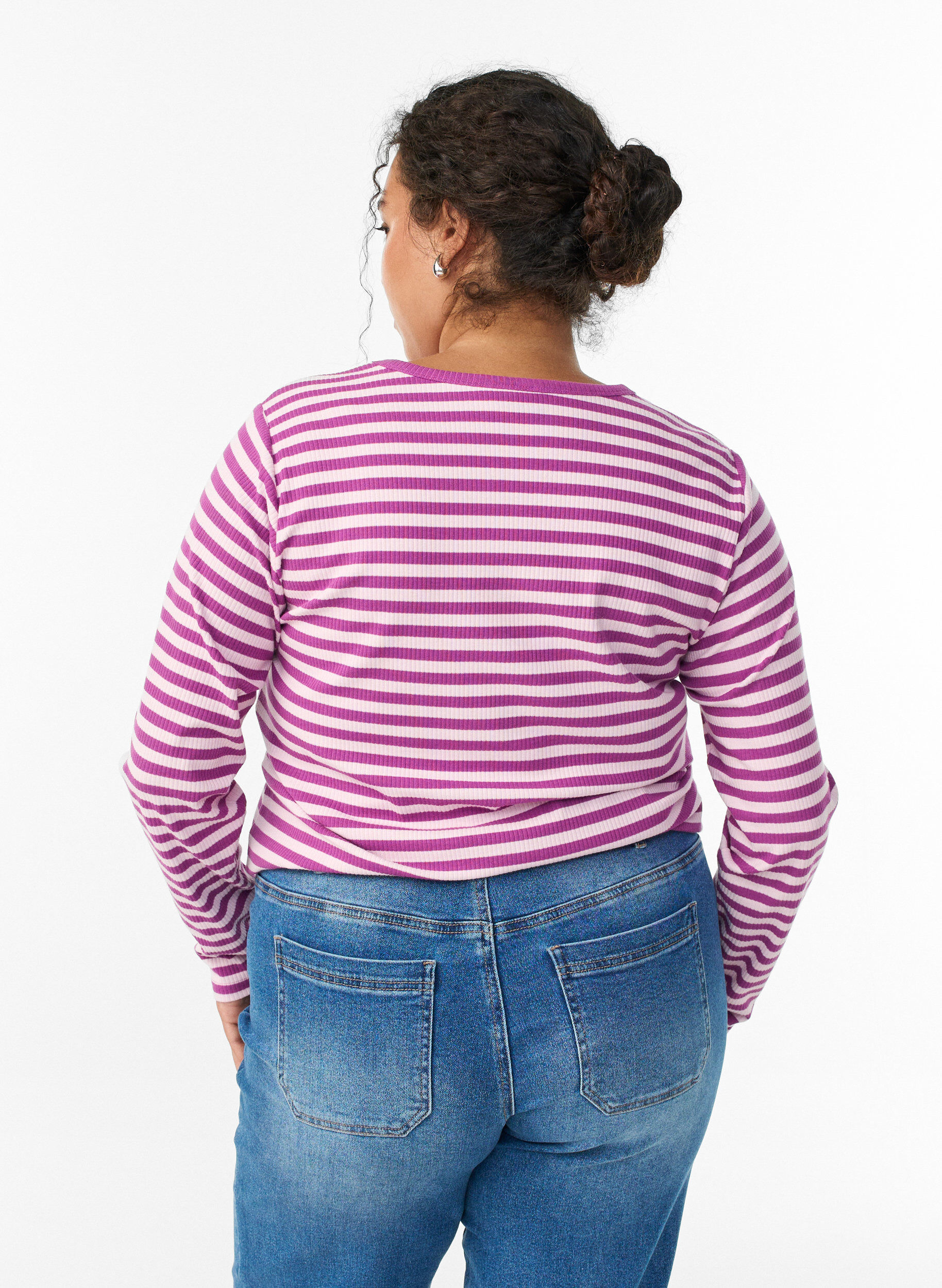 ZizziStribet bluse med lange &aelig;rmer, Lilla, Model image number 2