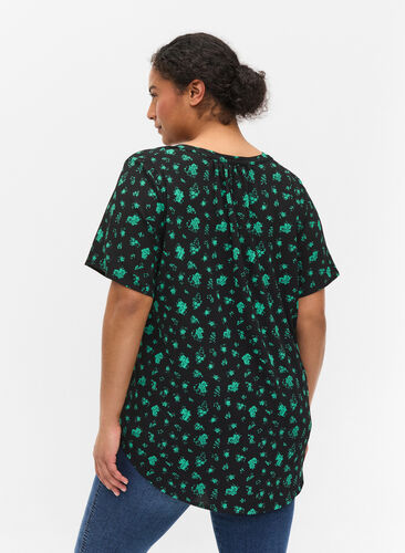 Printet bluse med korte ærmer, Green Flower AOP, Model image number 1