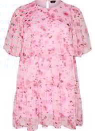 Kort kjole i chiffon-look med blomsterprint og fl&aelig;selag, Lyser&oslash;d