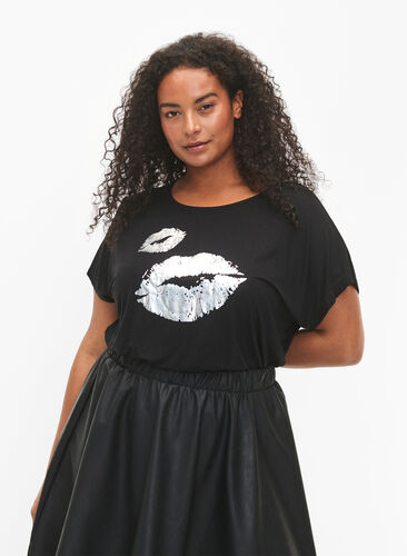 Kortærmet viskose t-shirt med tryk, Black W. Lips, Model image number 0