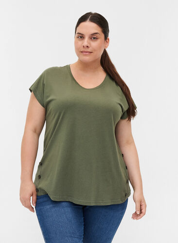 T-shirt med knapper i økologisk bomuld, Thyme, Model image number 0