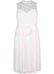 Ærmeløs kjole med blonder og plissé, Bright White