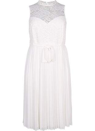 Ærmeløs kjole med blonder og plissé, Bright White, Packshot image number 0