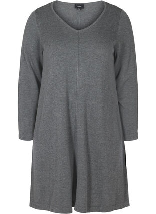 Ensfarvet strikkjole med v-udskæring, Dark Grey Melange, Packshot image number 0