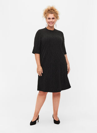 Mønstret kjole med glitter og korte ærmer, Black/Black Lurex, Model image number 2