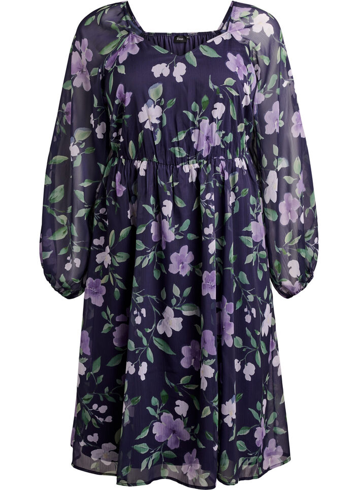 Festkjole i chiffon med lange &aelig;rmer, Bl&aring;, Packshot image number 0