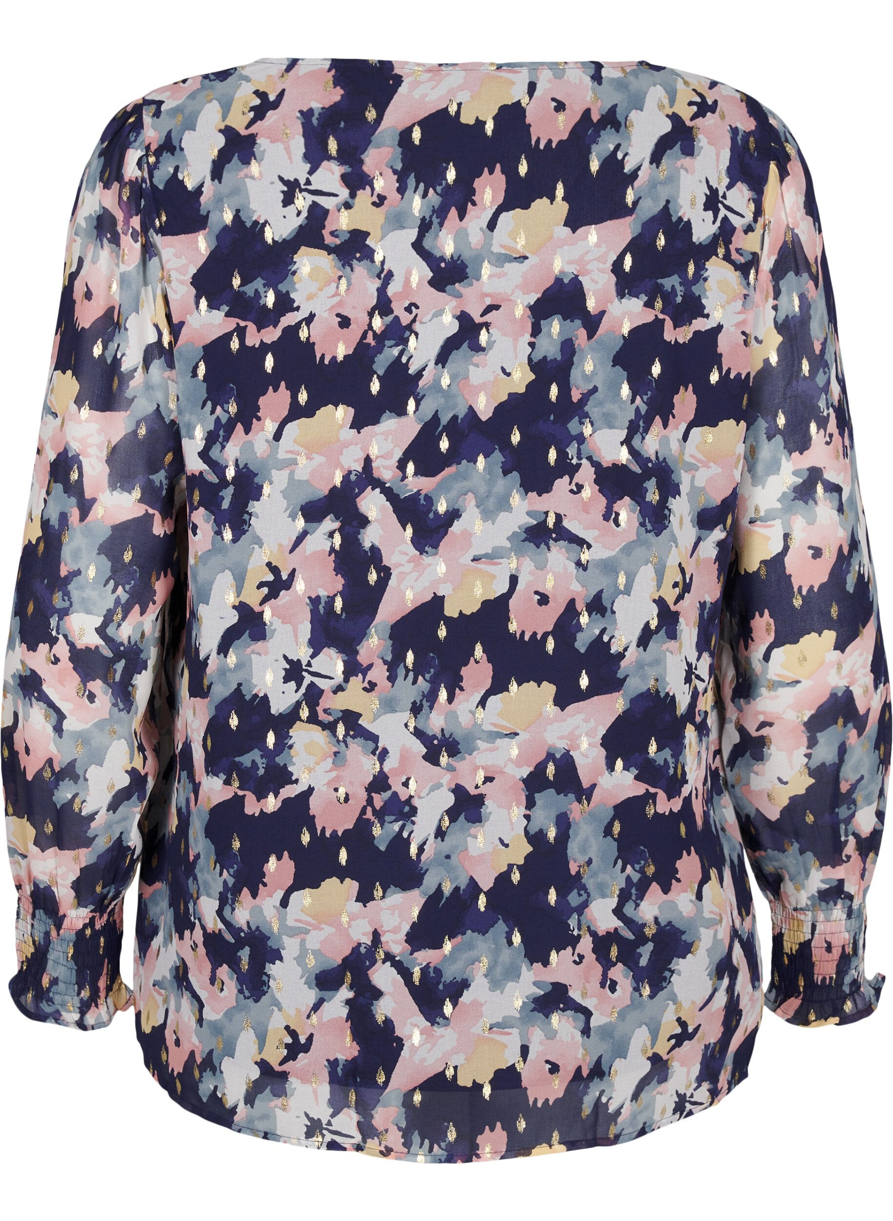 Zizzi Blomstret bluse med lange &aelig;rmer og v-hals, Night Sky AOP Flower, Packshot image number 1