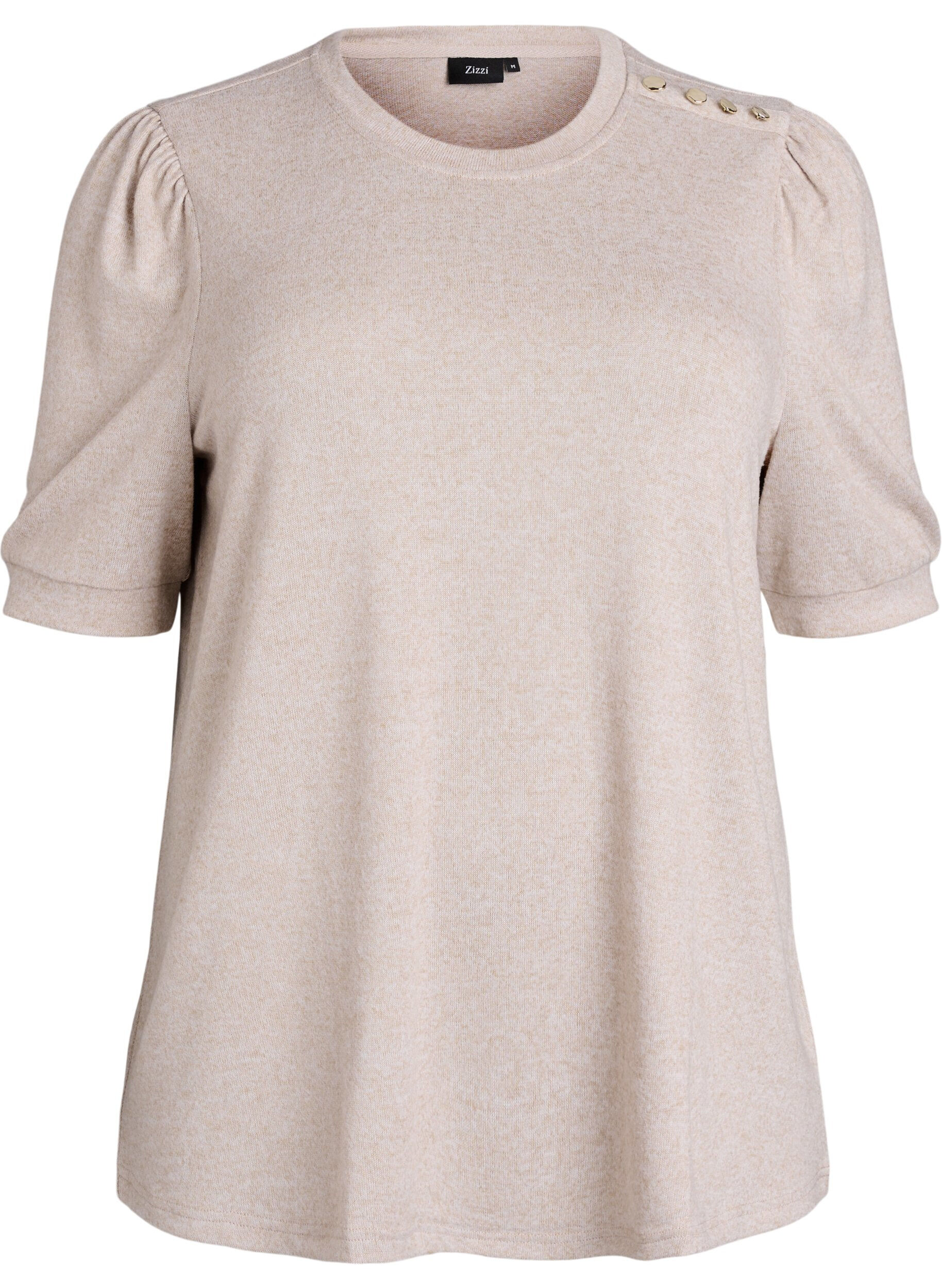 ZizziBluse med knapdetalje og korte puf&aelig;rmer, Beige, Packshot image number 0