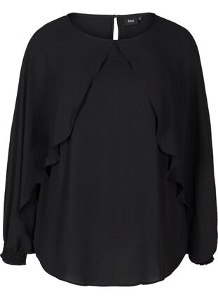 Bluse med ballonærmer og smock, Black, Packshot image number 0