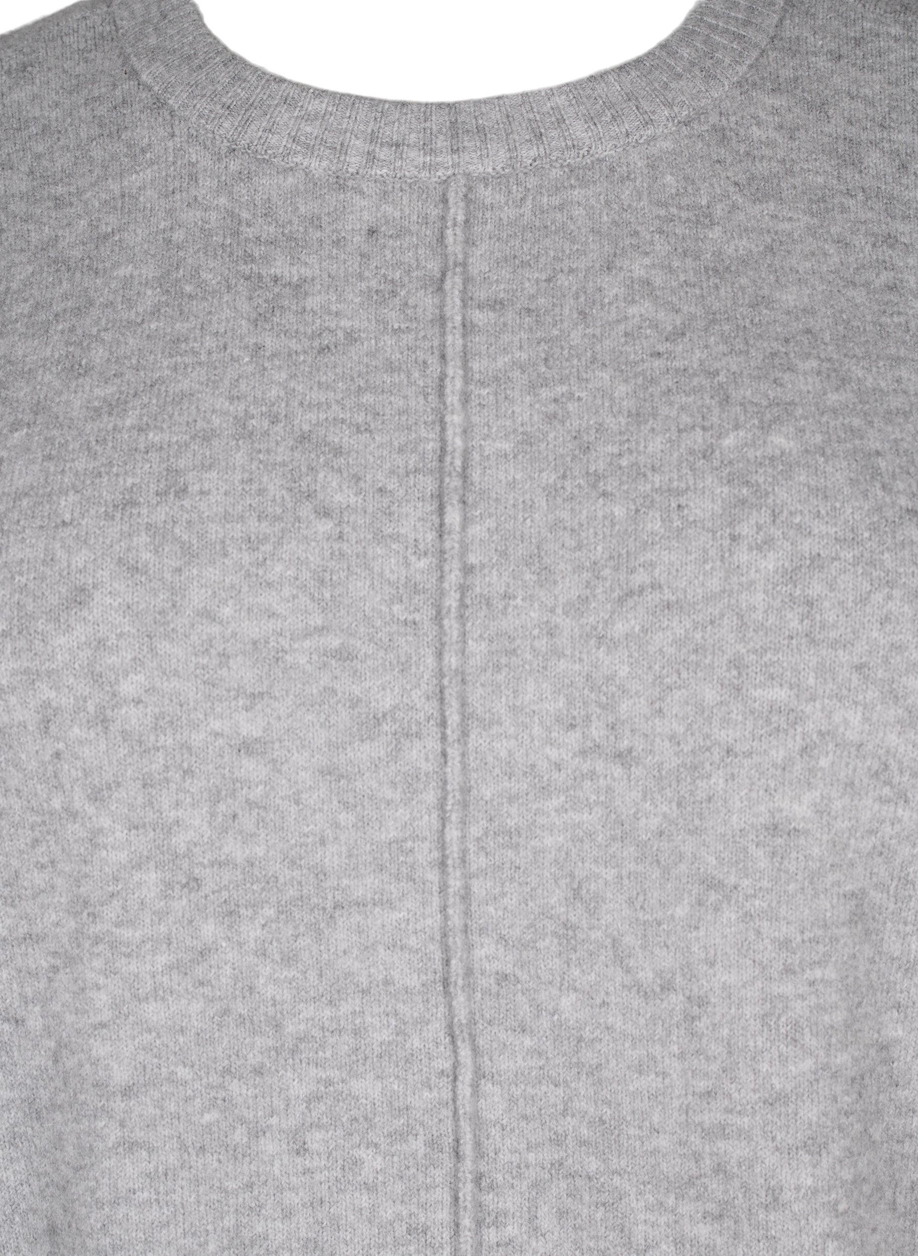 Zizzi Strikbluse med rund hals og midters&oslash;m, Light Grey Melange, Packshot image number 2