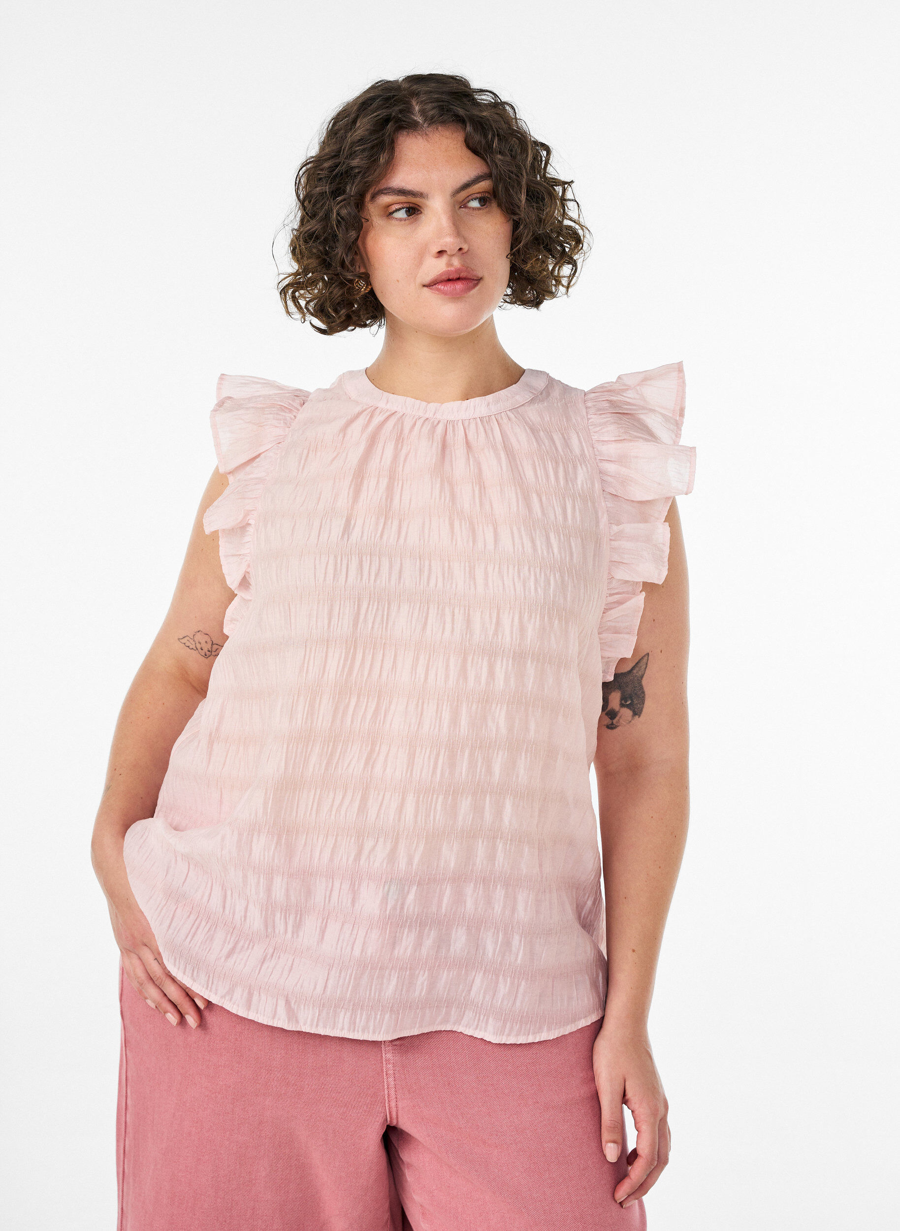 Zizzi&AElig;rmel&oslash;s bluse med struktur og fl&aelig;ser, Lyser&oslash;d, Model image number 0