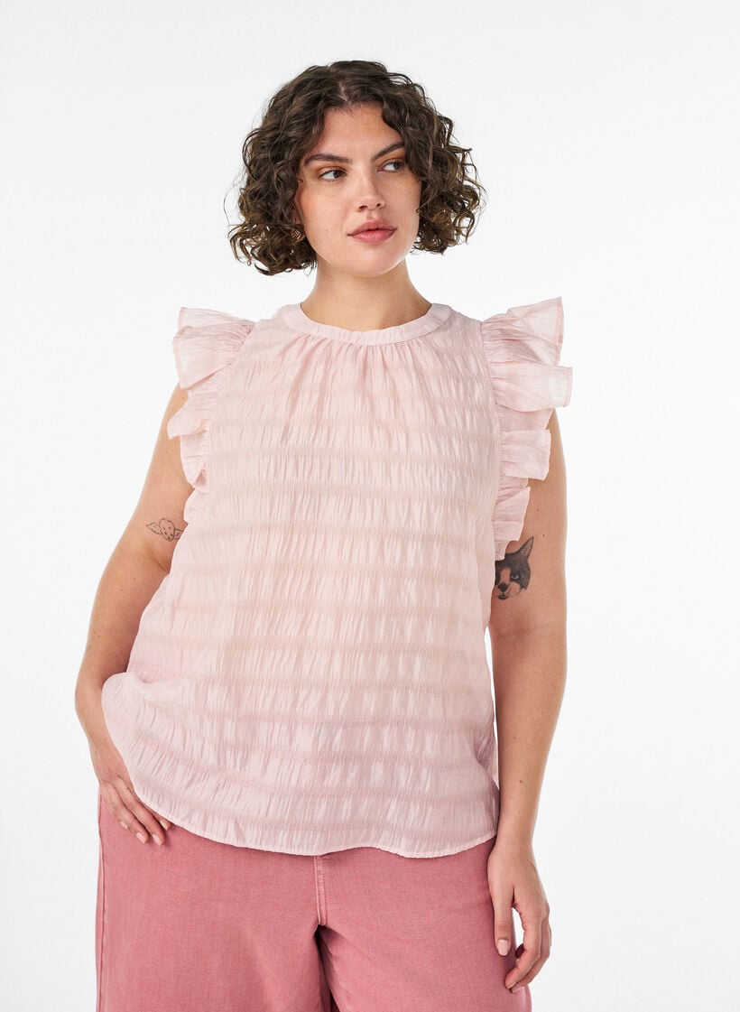 &AElig;rmel&oslash;s bluse med struktur og fl&aelig;ser, Lyser&oslash;d, Model image number 0