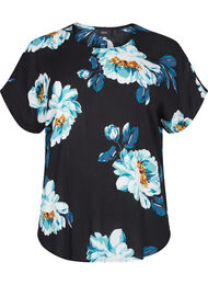 Kortærmet viskose bluse med blomsterprint, Black Big Flower