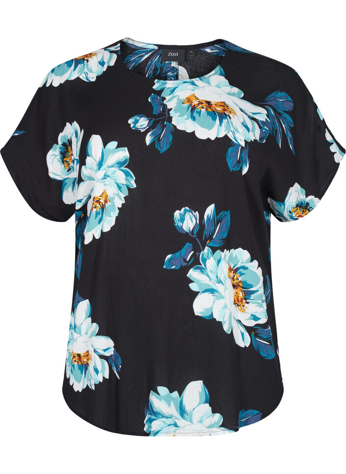 Kortærmet viskose bluse med blomsterprint, Black Big Flower, Packshot image number 0