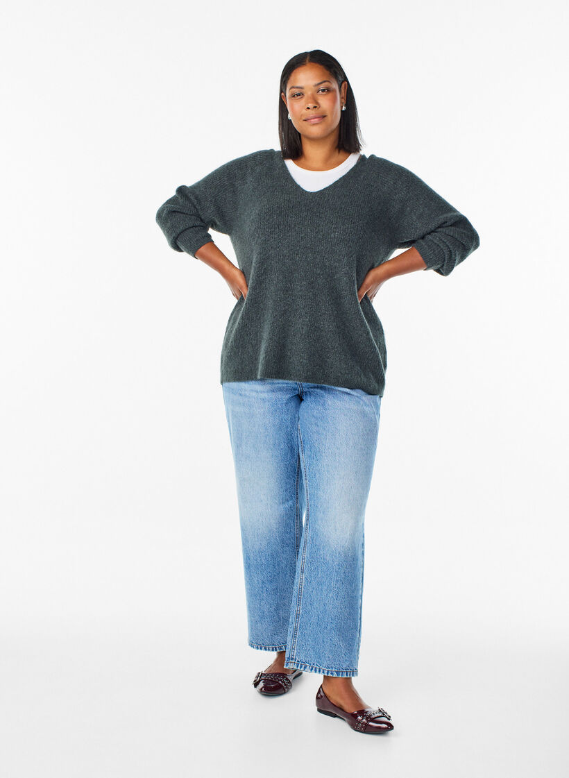 Strikbluse med V-hals og raglan&aelig;rmer, Gr&oslash;n, Model image number 1
