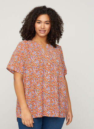 Printet bluse med korte ærmer, Orange Flower AOP, Model image number 0