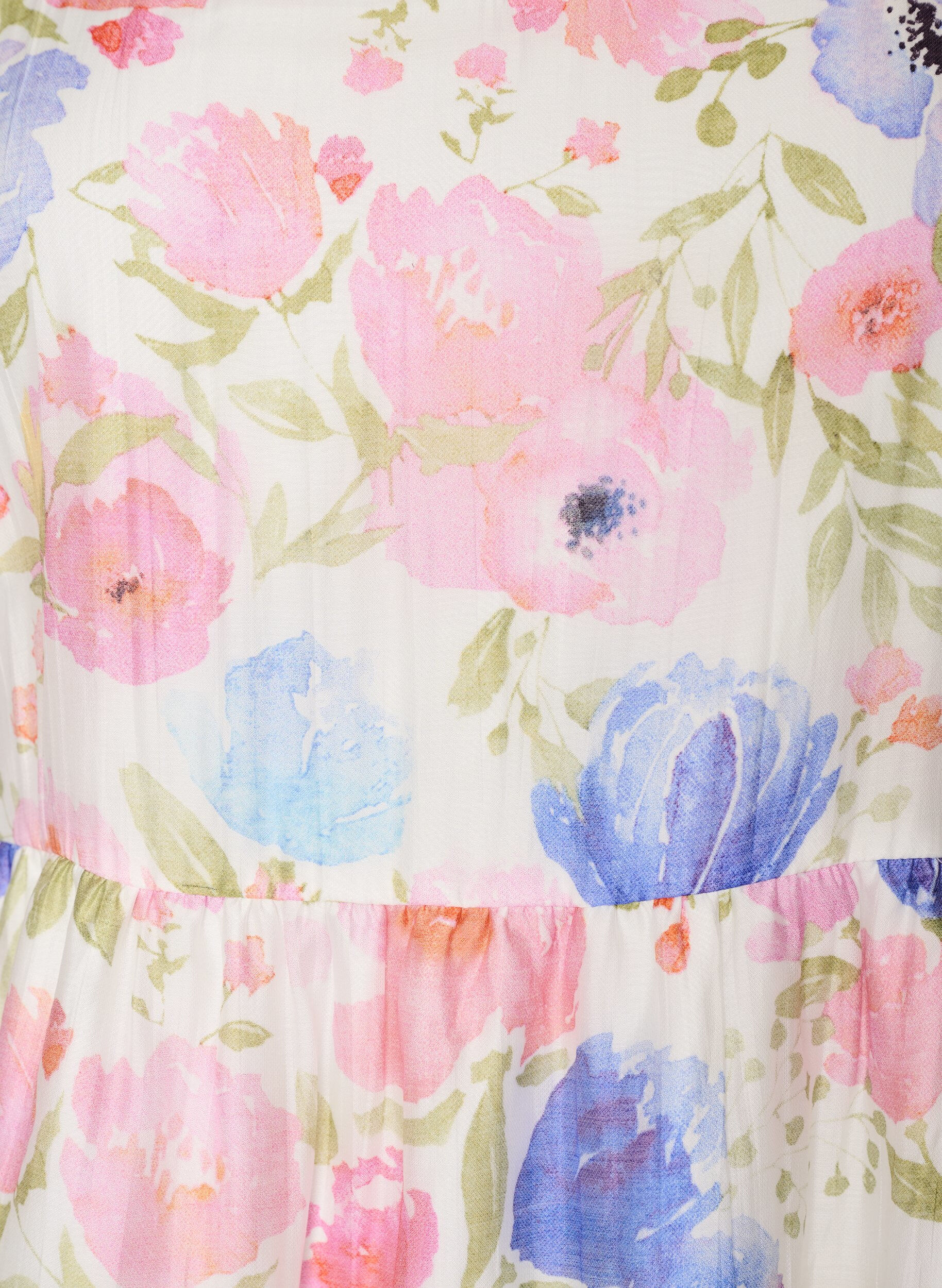ZizziLang kjole i lyocell med blomsterm&oslash;nster og fl&aelig;ser, Hvid, Packshot image number 2