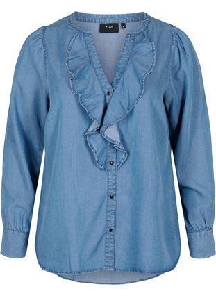 Langærmet skjorte med v-hals og flæsedetaljer, Blue denim, Packshot image number 0